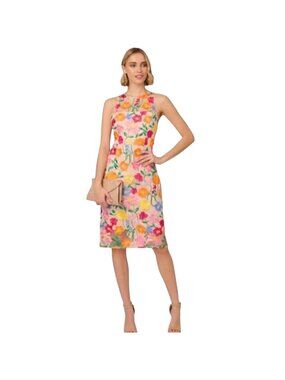 Adrianna Papell NWT $179 Embroidered Floral Column Midi Dress Pink/Yello Size 12